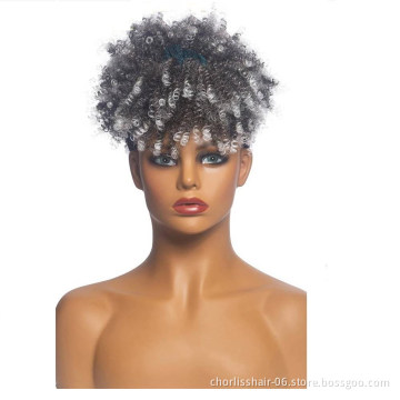 Wholesale Ombre Grey Kinky Curly Turban Fluffy Afro Wig Short Headband wig Synthetic Wig With Headband Attached For Black Women